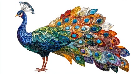 Obraz premium Vibrant Mosaic Peacock With Colorful Feathers in Stained Glass Art Style on White Background