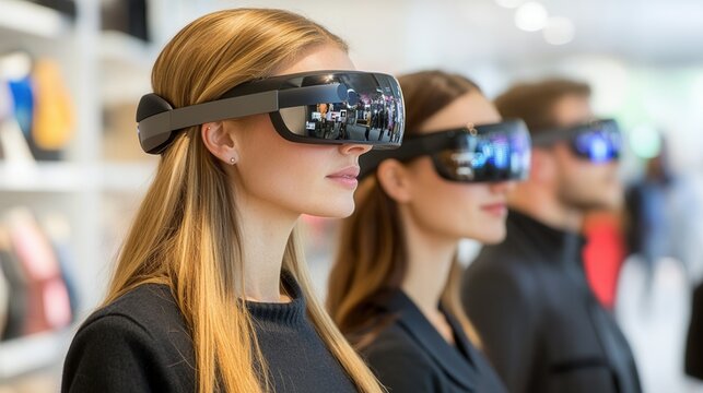 A group of individuals experiences virtual reality using advanced headsets in a modern, tech-savvy environment.