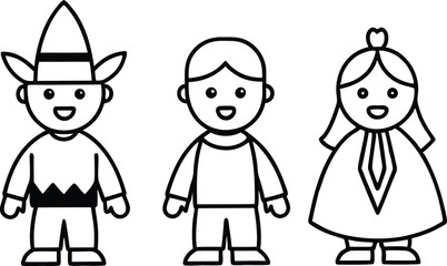 Kids in Pilgrim and Native American Costumes Vector Illustration for Coloring
