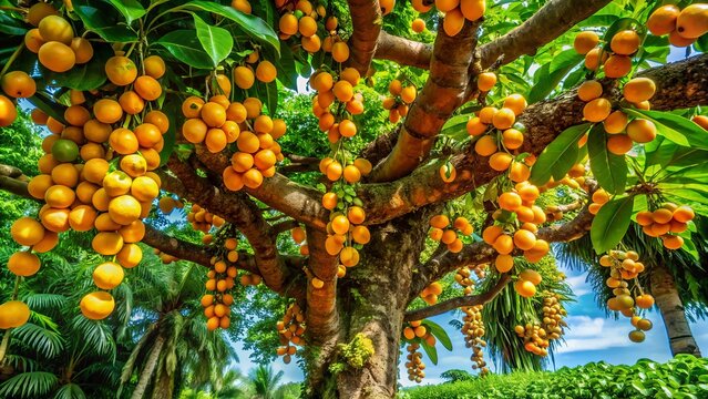 "Render a lush, tropical scene of a jocote fruit tree (Cyrilla racemiflora) with bright green leaves and vibrant yellow-orange fruit growing amidst vine-covered trunks and sprawling branches."