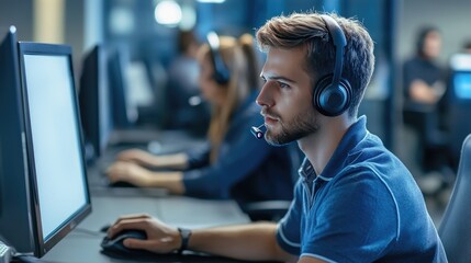 Man Wearing Headset and Using a Computer in an Office Setting
