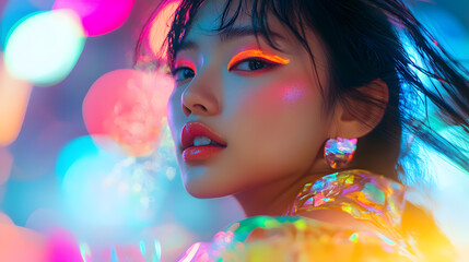 Fototapeta premium Asian woman dancing in neon light, her vibrant makeup glowing under UV, with blurred bokeh lights and a futuristic cityscape in the background.Asian fashion model with fluorescent makeup, dancing.