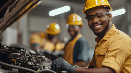 African American auto mechanic wearing a helmet, smiling as he inspects a car&rsquo;s engine in the foreground, with a team of smiling engineers in the blurred background working in a mechanics garage.