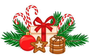 Christmas gift with fir branches, Christmas ball, gingerbread cookies. Vector illustration for greeting card and invitation.