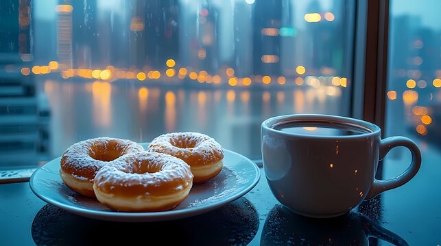 delicious a cup of coffee with Donus's in a plate near the window