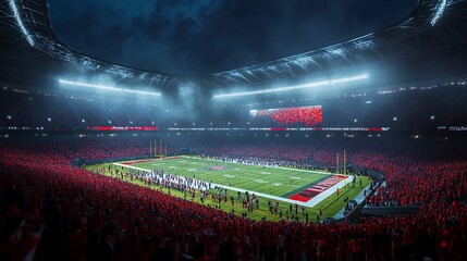 Packed American football stadium at night illuminated by floodlights. Open air arena with fans. 3D render. Concept of sport, event, tournament, game, generative ai