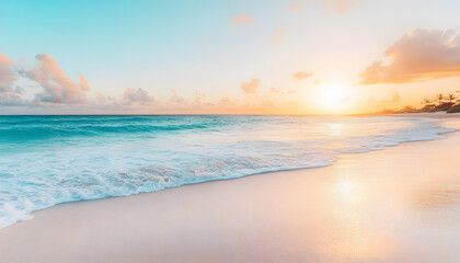Fototapeta premium Crystal-clear turquoise waters with gentle waves lapping at a pristine beach under a golden sunset