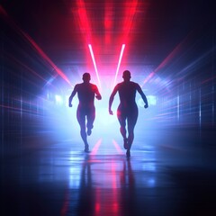 Dynamic silhouettes of two runners racing through a futuristic, illuminated corridor with vibrant laser lights.