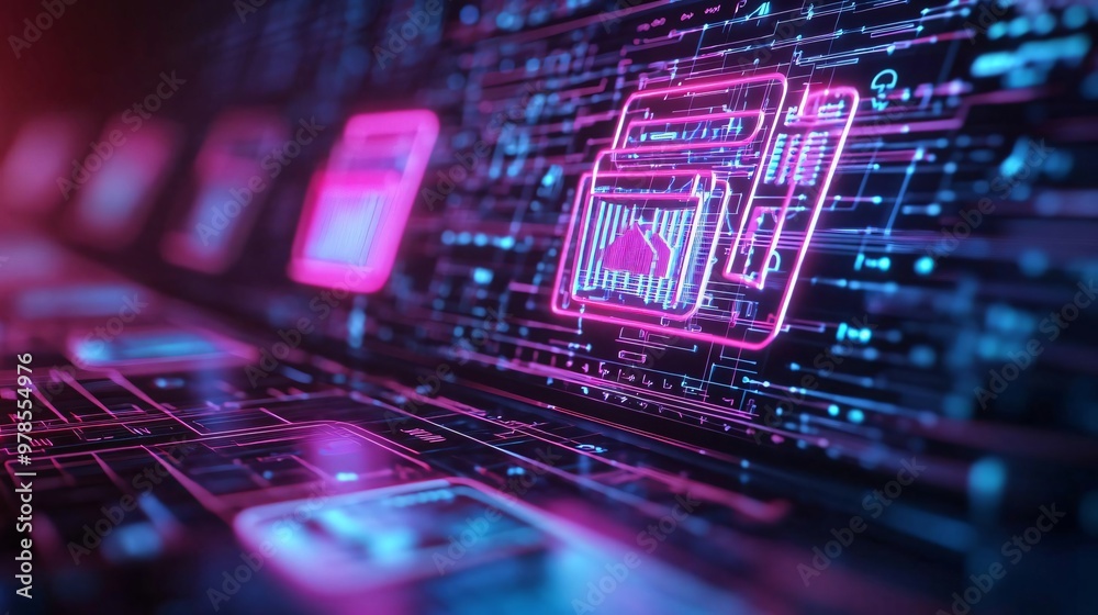 Poster futuristic technology interface with glowing icons on a keyboard, representing digital innovation an