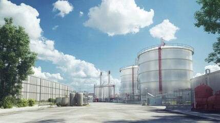 Obraz premium A modern industrial facility with large storage tanks under a clear sky.