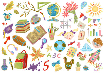 Design watercolor set with school objects isolated on white. Learning and education, September 1 and Knowledge day concept. Colorful cartoon doodles and clipart, hand drawn illustration