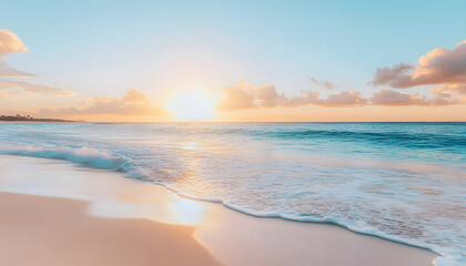 Obraz premium Crystal-clear turquoise waters with gentle waves lapping at a pristine beach under a golden sunset