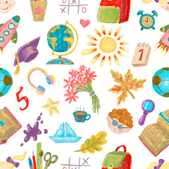 Seamless pattern with watercolor school objects on white. Learning and education, September 1 and Knowledge day concept. Colorful cartoon doodles and clipart, hand drawn illustration