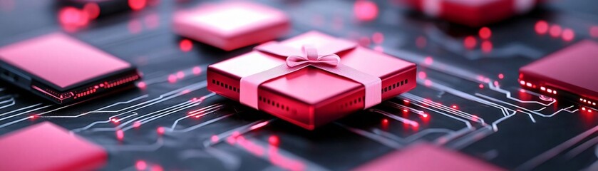 A close-up view of a computer circuit board with a gift box motif, symbolizing technology and innovation in a vibrant red color.