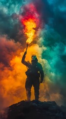 skull head warrior warrior holding fire torch surrounded by thick dark smoke