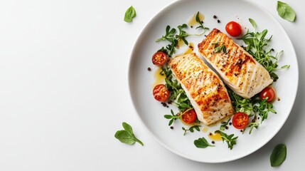 Grilled fish fillet served on a white plate with cherry tomatoes and fresh greens, showcasing a healthy, vibrant meal.