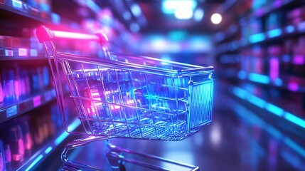 A futuristic shopping cart illuminated with vibrant lights, showcasing a modern supermarket ambiance with dynamic shelves.