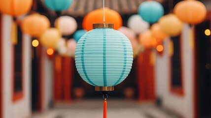 Obraz premium Vibrant blue lantern hanging in a festive atmosphere, surrounded by colorful decorations, creating a warm and inviting ambiance.
