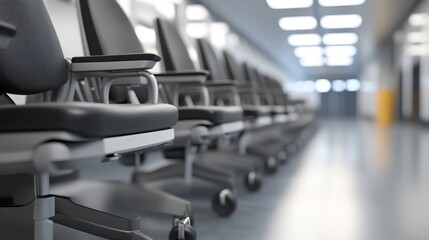 Fototapeta premium Rows of modern office chairs aligned neatly in a bright, spacious interior, ideal for showcasing workplace design and comfort.