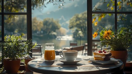 Scenic stunning view: Enjoying coffee and cake by the window overlooking lake panorama