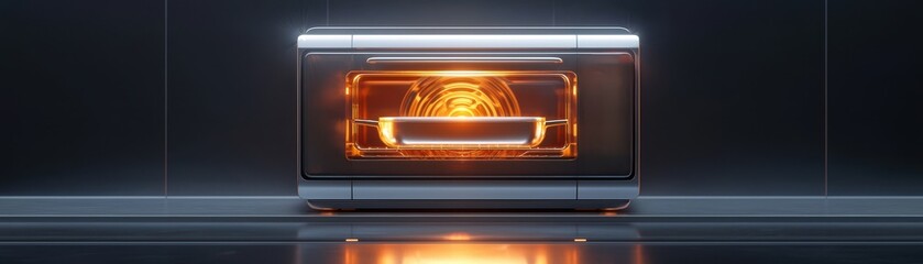 Obraz premium Modern toaster oven with bright interior light, showcasing sleek design and advanced cooking technology for home kitchens.