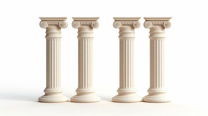 Four classic Greek marble pillars stand tall, isolated against a clean white background, showcasing timeless elegance.