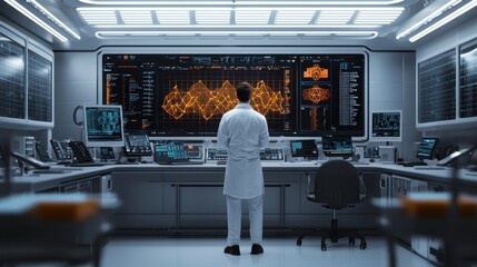 Scientist analyzing data in a modern laboratory with advanced technology and visualization displays.