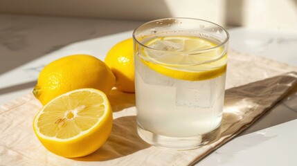 Fototapeta premium Cool and zesty, this lemonade in a glass features fresh lemon slices, bringing a splash of summer joy to your day.