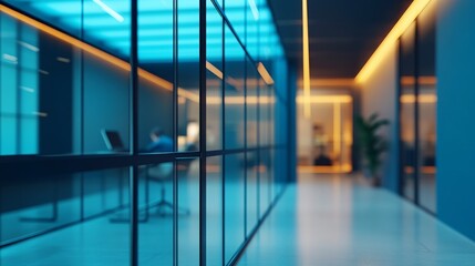 Fototapeta premium A contemporary office space highlights glass walls and warm lighting, creating a focused environment where individuals are immersed in their tasks