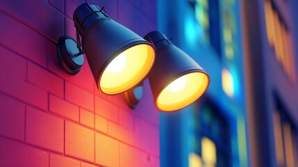 Warm glowing lights illuminate a colorful building exterior, creating a vibrant and inviting nighttime atmosphere.