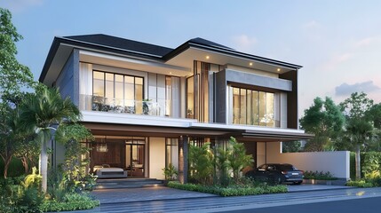 Fototapeta premium Modern House Design with Minimalist Facade and Large Windows