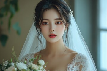 Beautiful asian bride getting ready for wedding ceremony posing with bouquet