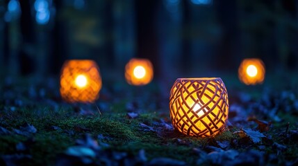 Enchanted forest aglow, pumpkins carved with intricate knots cast a mystical light beneath the full moon.