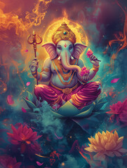 Fototapeta premium Ganesha on a Lotus Holding a Staff: Bright, Colorful Digital Art with Flowers and Smoke