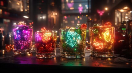 Obraz premium Colorful cocktails illuminated with lights, creating a vibrant and festive atmosphere in a bar setting.