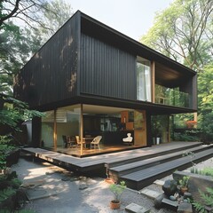 Obraz premium Modern Black Wooden House With Large Glass Windows