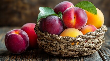 Plums Nectarines and Peaches in a Woven Basket on Age Wooden Table : Generative AI