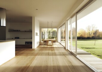 Fototapeta premium Modern Minimalist Home Interior Design with Large Windows