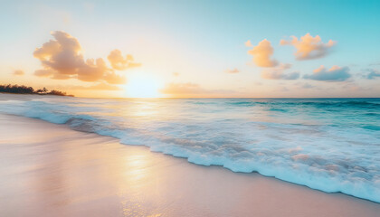 Fototapeta premium Crystal-clear turquoise waters with gentle waves lapping at a pristine beach under a golden sunset