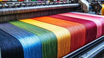A vibrant textile production process showcasing colorful threads being woven.