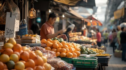 Vibrant market scene with fresh fruits displayed, capturing the essence of local shopping culture and colorful produce.