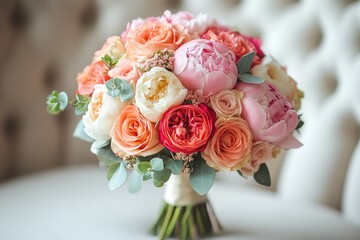 Obraz premium Bouquet of pink and white roses is lying on a chair