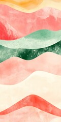 Abstract Watercolor Background with Wavy Lines in Orange, Pink and Green Colors