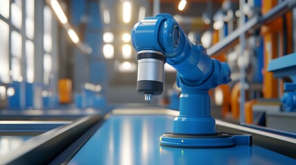 A close-up view of an industrial robot arm in a modern factory setting, showcasing advanced automation technology.