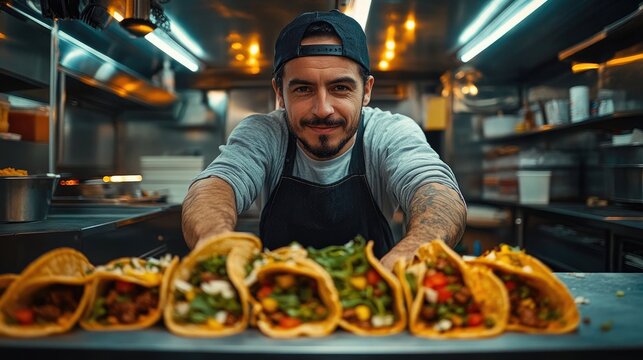 Hispanic cook holding plate of tacos in food truck - Powered by Adobe