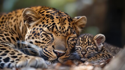 Obraz premium Leopard mother and cub sleeping peacefully