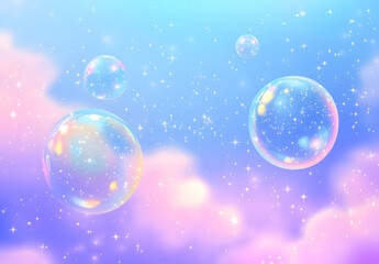 Soft Pastel Bubbles Floating in a Dreamy Light Blue Sky with Sparkling Effects