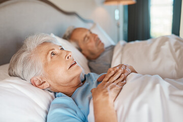 Snoring, bedroom and senior couple with reaction, insomnia and awake with stress, upset and...