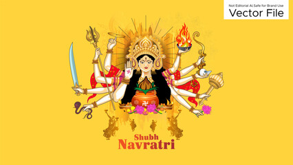 Vector illustration of Devi Durga Puja with kalash for navratri festival celebration.