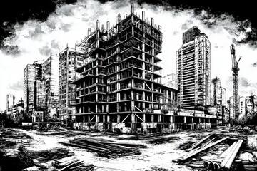 Fototapeta premium Architecture. Illustration on the theme of unusual buildings and strange structures. Stairs, windows and concrete partitions.